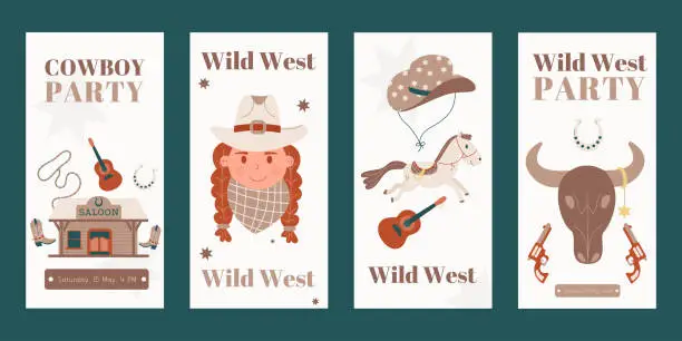 Vector illustration of Hand drawn wild west party instagram story