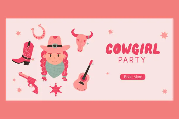 Vector illustration of Party banner cowgirl in flat style