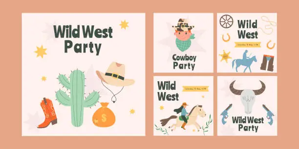 Vector illustration of Flat style wild west party instagram post collection