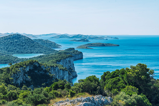 High angle view on Telascica, national park in Dugi otok island, Kornati islands in background. Croatia