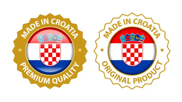 Vector illustration of Made in Croatia. Vector Premium Quality and Original Product Stamp. Glossy Icon with National Flag. Seal Template