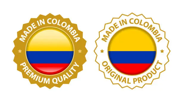 Vector illustration of Made in Colombia. Vector Premium Quality and Original Product Stamp. Glossy Icon with National Flag. Seal Template