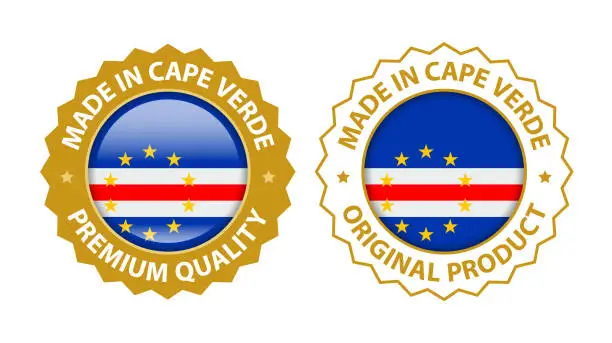 Vector illustration of Made in Cape Verde. Vector Premium Quality and Original Product Stamp. Glossy Icon with National Flag. Seal Template