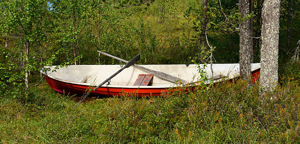 ボートの海岸での旅行になります。 - boreal forest lake riverbank waters edge ストックフォトと画像