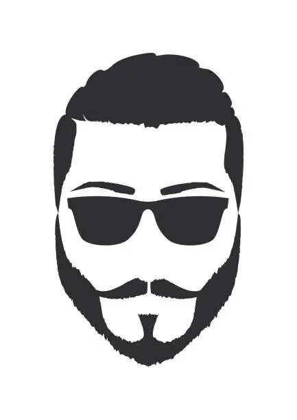 Vector illustration of Silhouette of a man with sunglasses, mustache and short beard. Hand Drawn Vector Illustration.