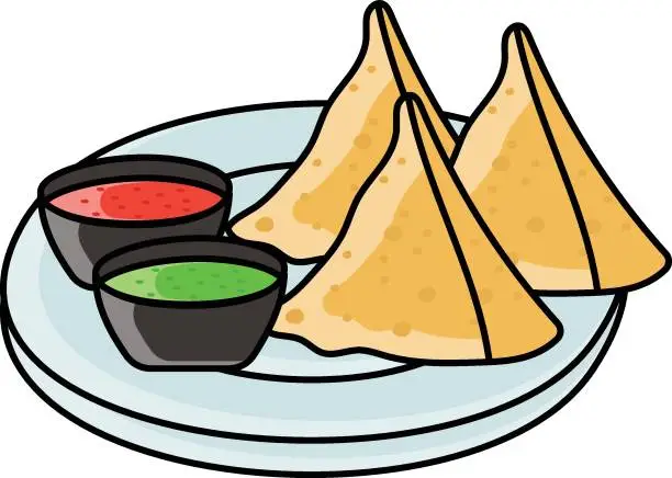 Vector illustration of Vegetables Samosa with 2 types sauces concept, sambusaj vector color icon design, Fastfood symbol, Grab and go meals sign, Takeout takeaway snack stock illustration