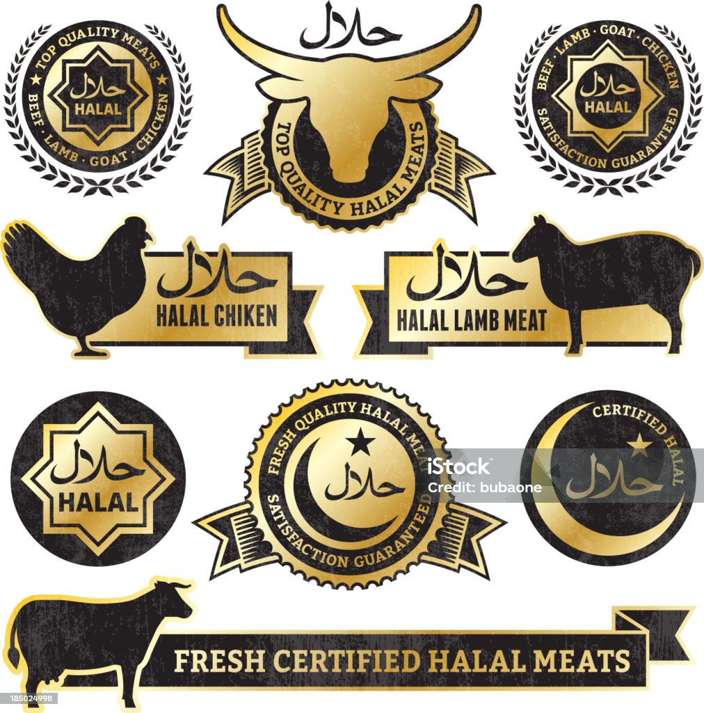 Halal carne de aves de capoeira e dourada Grunge vector conjunto de ícones - Royalty-free Administração de Alimentos e Medicamentos dos EUA arte vetorial