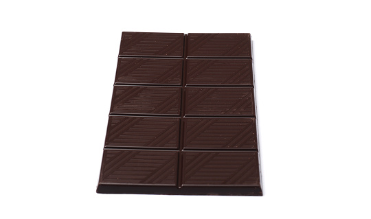 Tasty chocolate bar on paper on white background