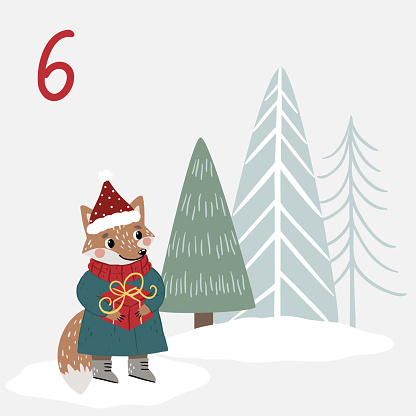Christmas illustration with fir tree, fox and numbers for advent calendar