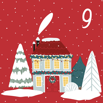 Christmas illustration with cozy house, trees and numbers for advent calendar