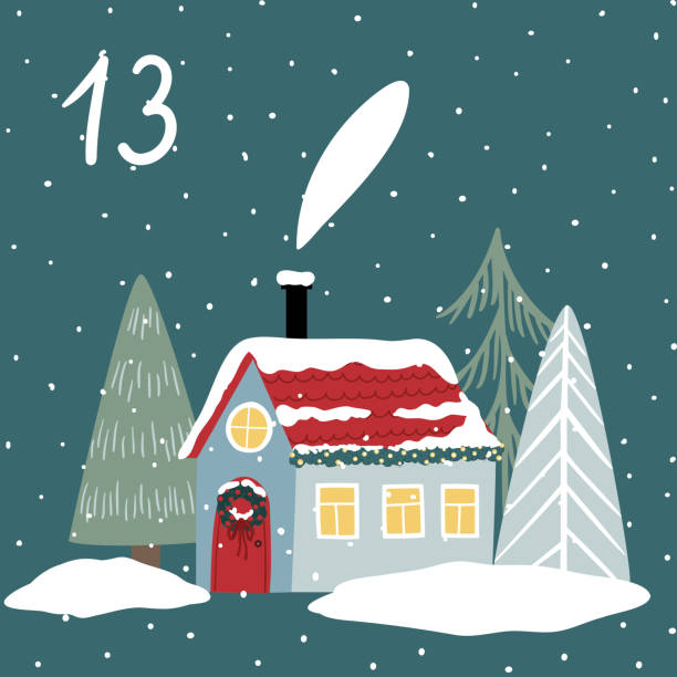 ilustracja świąteczna z przytulnym domem, drzewami i liczbami do kalendarza adwentowego - silent night illustrations stock illustrations