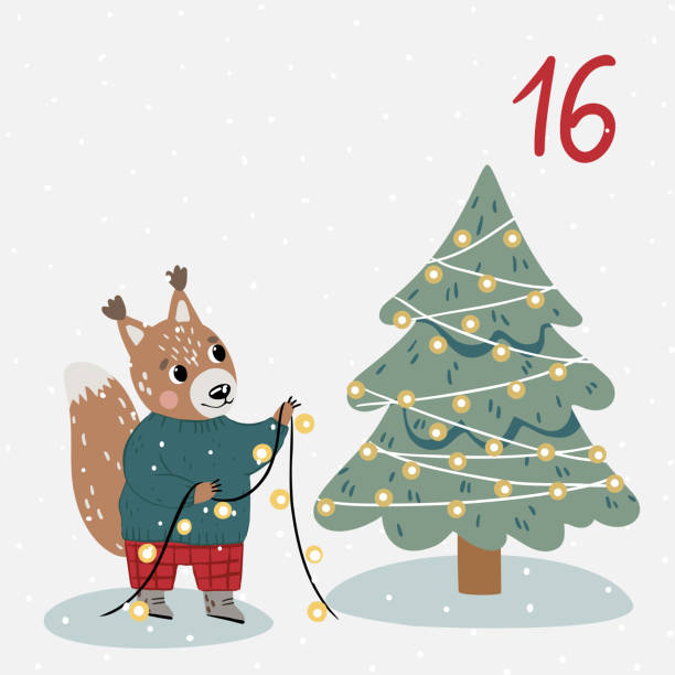 ilustracja świąteczna z choinką, wiewiórką i cyframi do kalendarza adwentowego - silent night illustrations stock illustrations