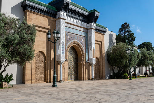 Casablanca, Morocco - may 14, 2023: main gate to the Royal Palace of Casablanca, residence of the king in the city of Casablanca.