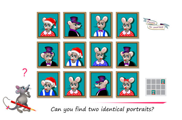 Logic puzzle for children and adults. Can you find two identical portraits? Page for kids brain teaser book. Task for attentiveness.  IQ test. Play online. Vector cartoon illustration. Logic puzzle for children and adults. Can you find two identical portraits? Page for kids brain teaser book. Task for attentiveness.  IQ test. Play online. Vector cartoon illustration. hed stock illustrations