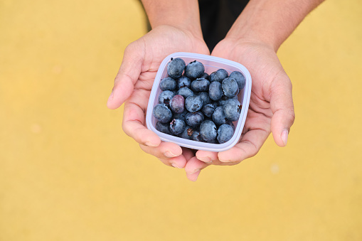 view from above of a Latino man enjoying some blueberries outdoors with a yellow background