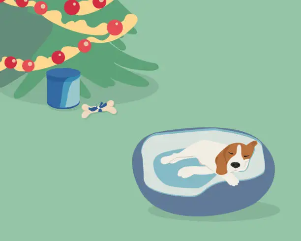 Vector illustration of Dog sleeping on Christmas night