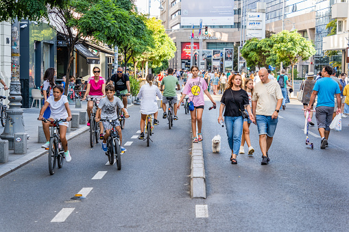 Bucharest, Romania - August 17 2023: Tourists and locals strolling and walking on Victory street ( Calea Victoriei ). Pedestrian area in the old town of Bucharest