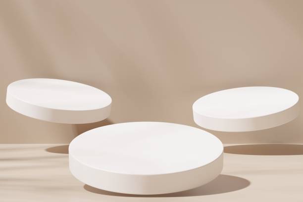 istock Three round flying podiums on a beige background, 3d render 1850327069