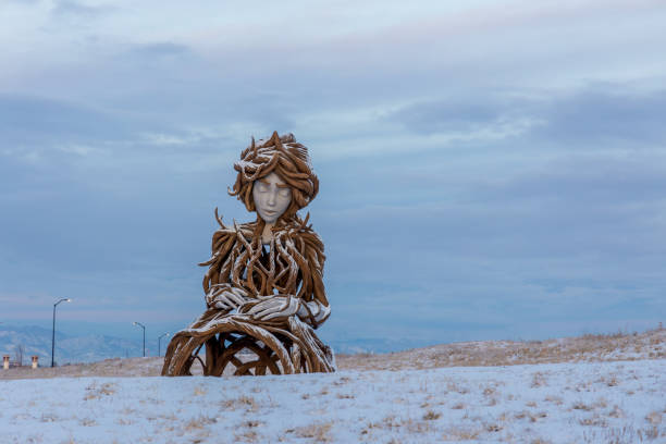 Aurora, Colorado - December 9, 2023: Umi in the snow. Daniel Popper's 21-foot-tall 'Umi' sculpture unveiled in The Aurora Highlands public art park