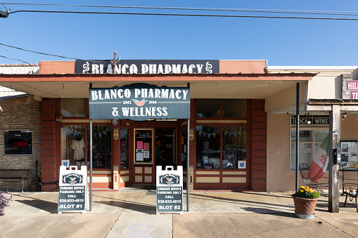 Blanco, Texas - November 2, 2023: old pharmacy and wellness shop in Blanco, Texas.