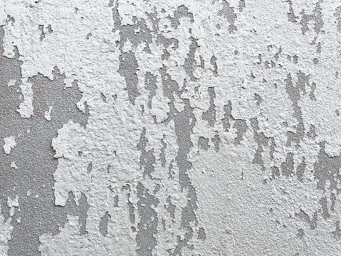 Part of an old gray concrete wall with cracked and peeling paint.