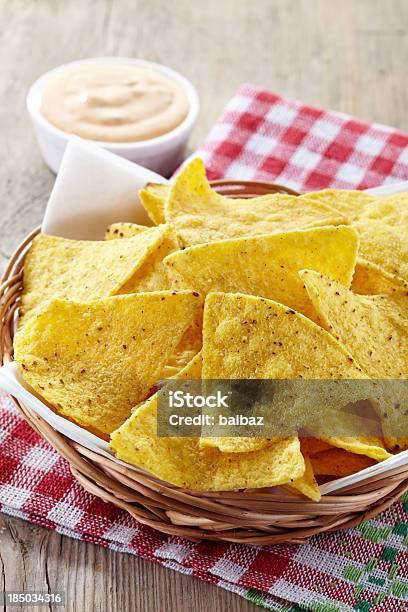 Nachos And Dip Stock Photo - Download Image Now - Appetizer, Basket, Checked Pattern