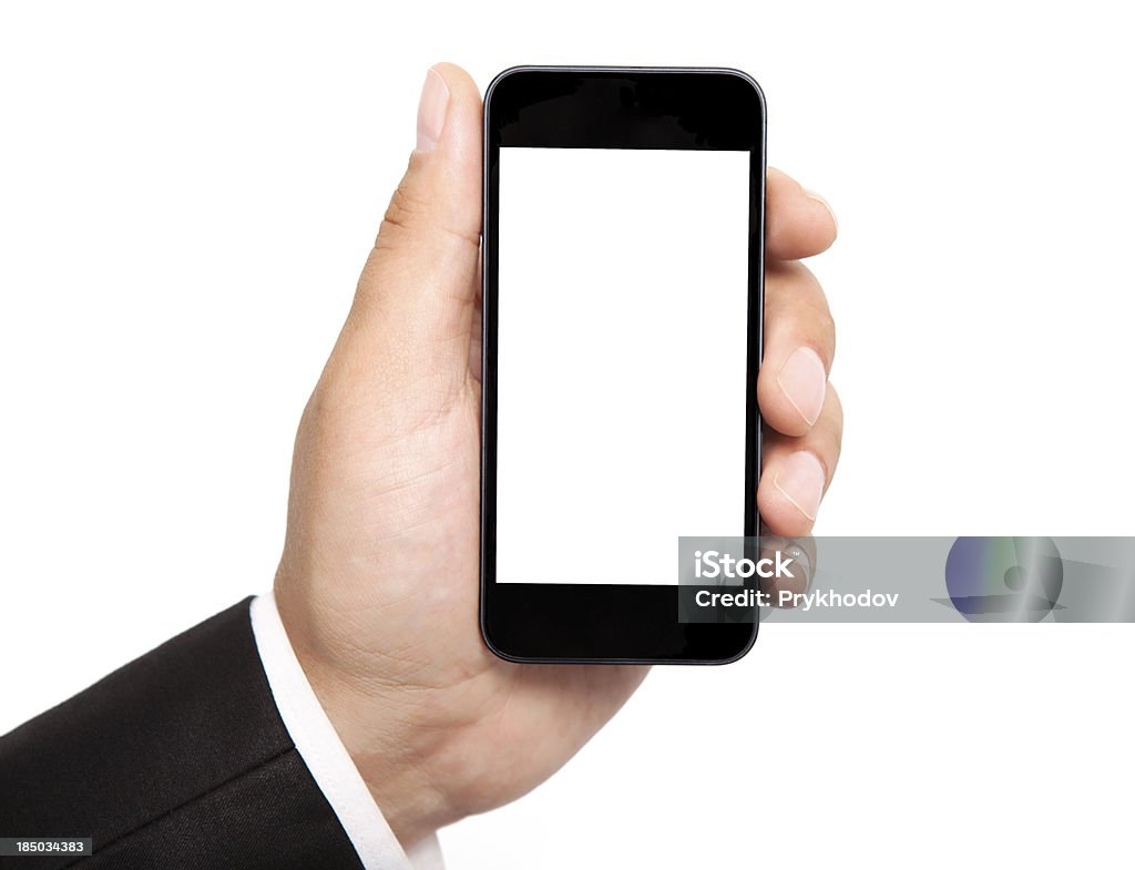 Человек Рука держит телефон с изолированной экран - Стоковые фото Белый роялти-фри