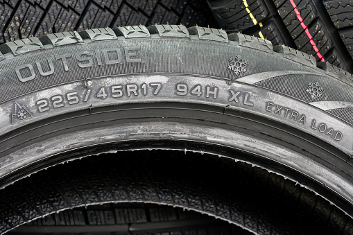 Tire side view with tire width, height, wheel diameter, outside, 3PMSF marking, load and speed index, extra load designation