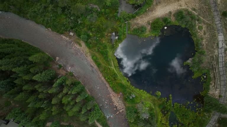 Birds Eye view pond lake mirror reflection clouds aerial cinematic drone Keystone Blue River ski resort summer Breckenridge Colorado Vail resort Epic Pass ski snowboard bike biking slowly up motion