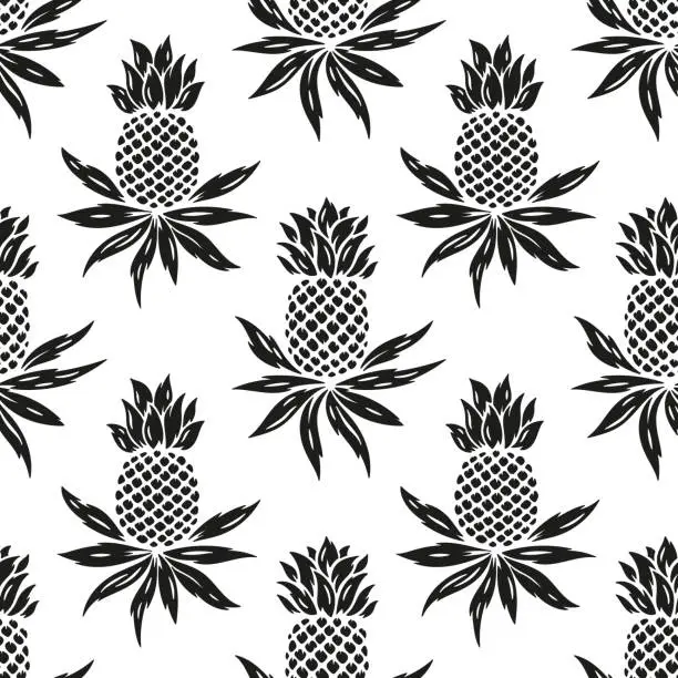 Vector illustration of Pineapples Seamless Pattern. Floral Background with Pineapple Tropical Fruit and Leaves. Black and White Vector graphic.