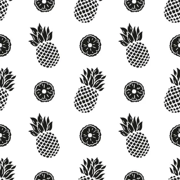 Vector illustration of Pineapples Seamless Black and White Pattern. Floral Summer Background with Pineapple Tropical Fruit, Slices and Leaves. Vector Illustration