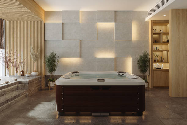 istock Luxury Spa Interior With Hot Tub, Marble Floor And Potted Plants 1850368061