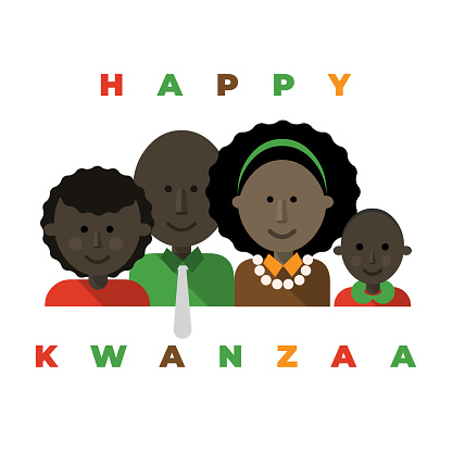 Happy family members gathered for Kwanzaa. Happy Kwanzaa text.