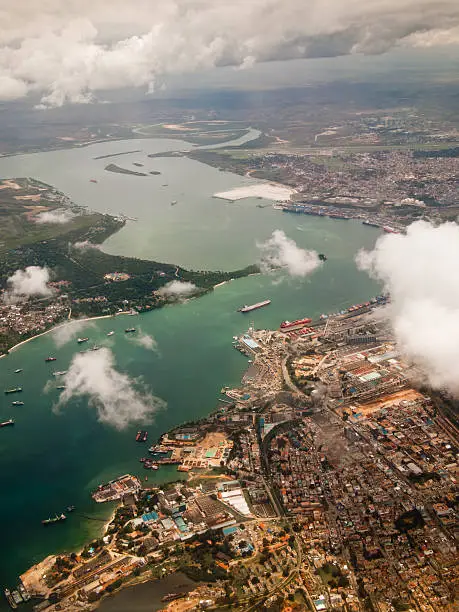 View of the city of Mombasa from above with a group of clouds