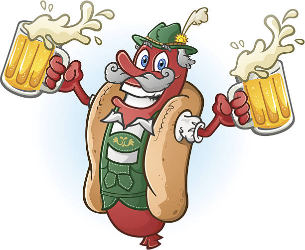 hot dog lederhose-trachtenmode comic-figur trinkt bier - wearing hot dog costume stock-grafiken, -clipart, -cartoons und -symbole