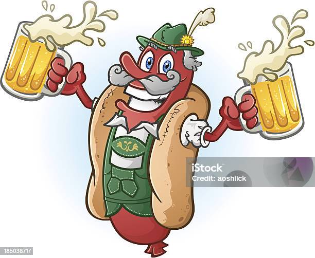 Hot Dog Lederhosen Cartoon Character Drinking Beer Stock Illustration - Download Image Now - Bratwurst, Beer - Alcohol, Cartoon