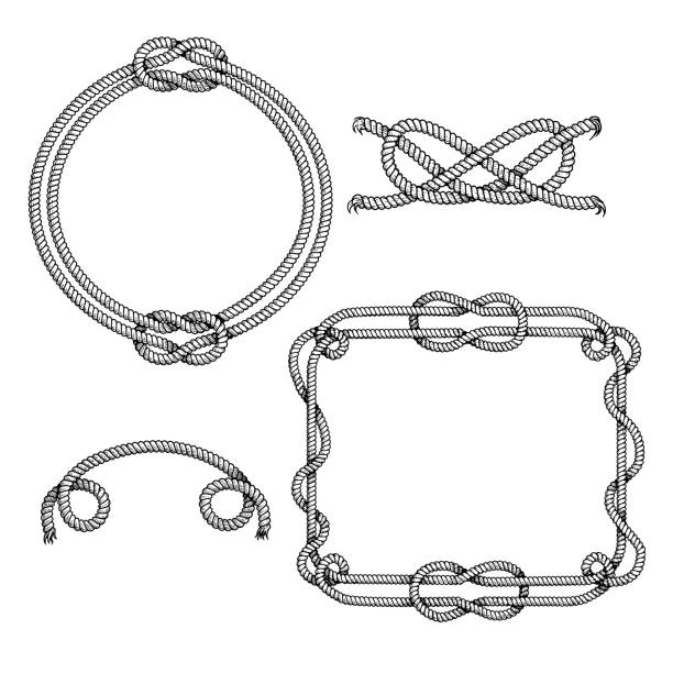 항해 로프 프레임과 요소 세트. 손으로 그린 스케치 스타일 일러스트 모음입니다. 흰색 배경에 고립되어 있습니다. - rope circle lasso twisted stock illustrations