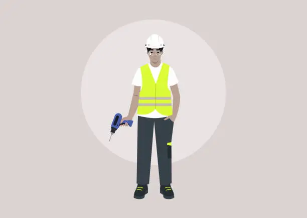 Vector illustration of A young character in a repair worker uniform, adorned with a yellow high-visibility vest, hard hat, safety goggles, and polo shirt, holding an electric drill in one hand