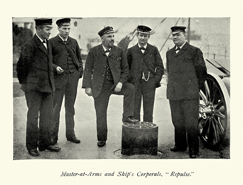 Vintage picture British Royal Navy naval police, Master at Arms and Ship's Corporals, HMS Repulse, 1890s, Victorian Military History