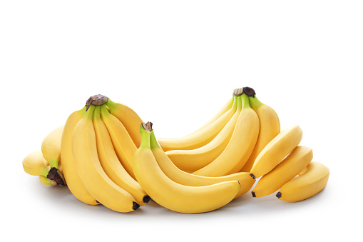 Bunch of bananas isolated on white background. Ripe bananas Clipping Path. Quality macro photo for your project.