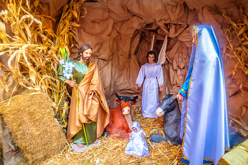 Nacimiento de jesucristo en pecebre con figuras de yeso, animales y tres reyes magos en monte escobedo zacatecas