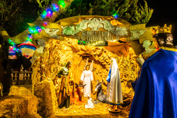 istock Birth of Jesus Christ in a manger with three wise men 1850447784