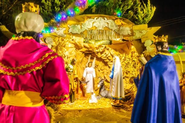 istock Birth of Jesus Christ in a manger with three wise men 1850448173