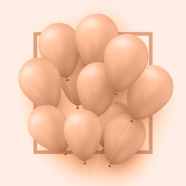 Vector illustration of Square frame with peach fuzz color helium balloons. Abstract background for flier, poster.