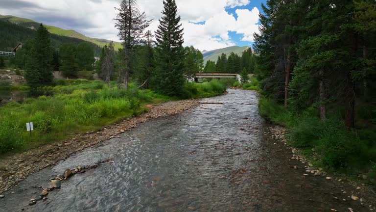 Keystone River Blue fishing golfing peaceful ski resort aerial cinematic drone summer Breckenridge Colorado Vail resort Epic Pass ski snowboard bike biking biker bridge path slowly backwards motion