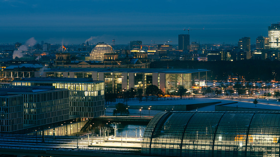 Berlin cetral station, reichstag, government district and modern office buildings on a cold winter morning