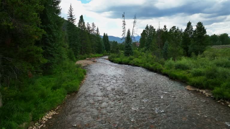 Keystone River Blue fishing golfing peaceful ski resort aerial cinematic drone summer Breckenridge Colorado Vail resort Epic Pass ski snowboard bridge path slowly forward motion