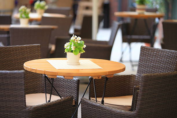 istock Outdoor restaurant  cafe chairs with table 185045586