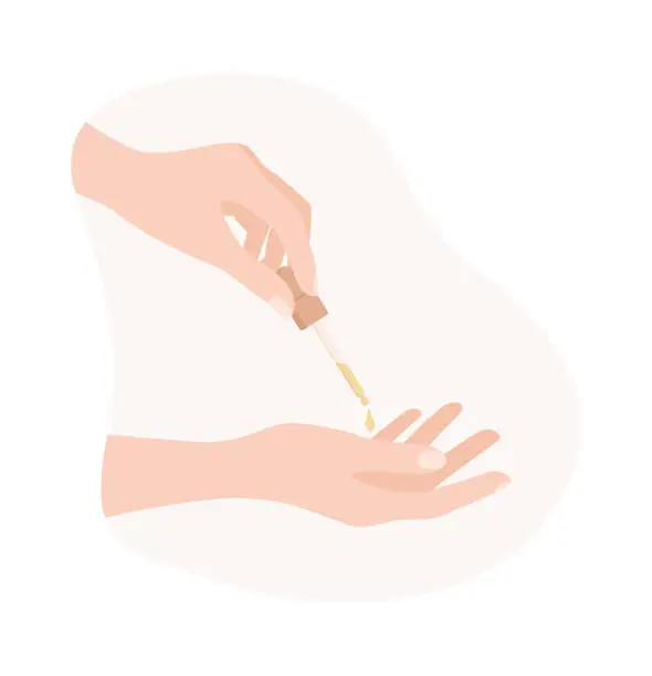 Vector illustration of Two female hands with pipette of face serum on a white background. Flat vector illustration