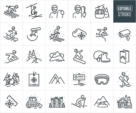 A set of snow skiing and snowboarding icons that include editable strokes or outlines using the EPS vector file. The icons include a skier racing down the mountain, skier on ski lift, snowboarder holding snowboard, skier holding skies, people in ski gondola, snowboarder racing down the mountain, snowboarder jumping in half-pipe, skier skiing on snow at ski resort, snow storm, snowboarder riding rail, ski web camera, snowboarder doing tricks, ski trail in snow on ski resort, thermometer, snowboarding gear, black diamond ski run, snowboarders hiking up mountain, ski pass, ski resort mountain trail map, ski goggles, snowboarder hiking with snowboard in hand, snow cat pushing snow, snowcapped mountain, person cross country skiing, avalanche and a ski cabin in the snow.